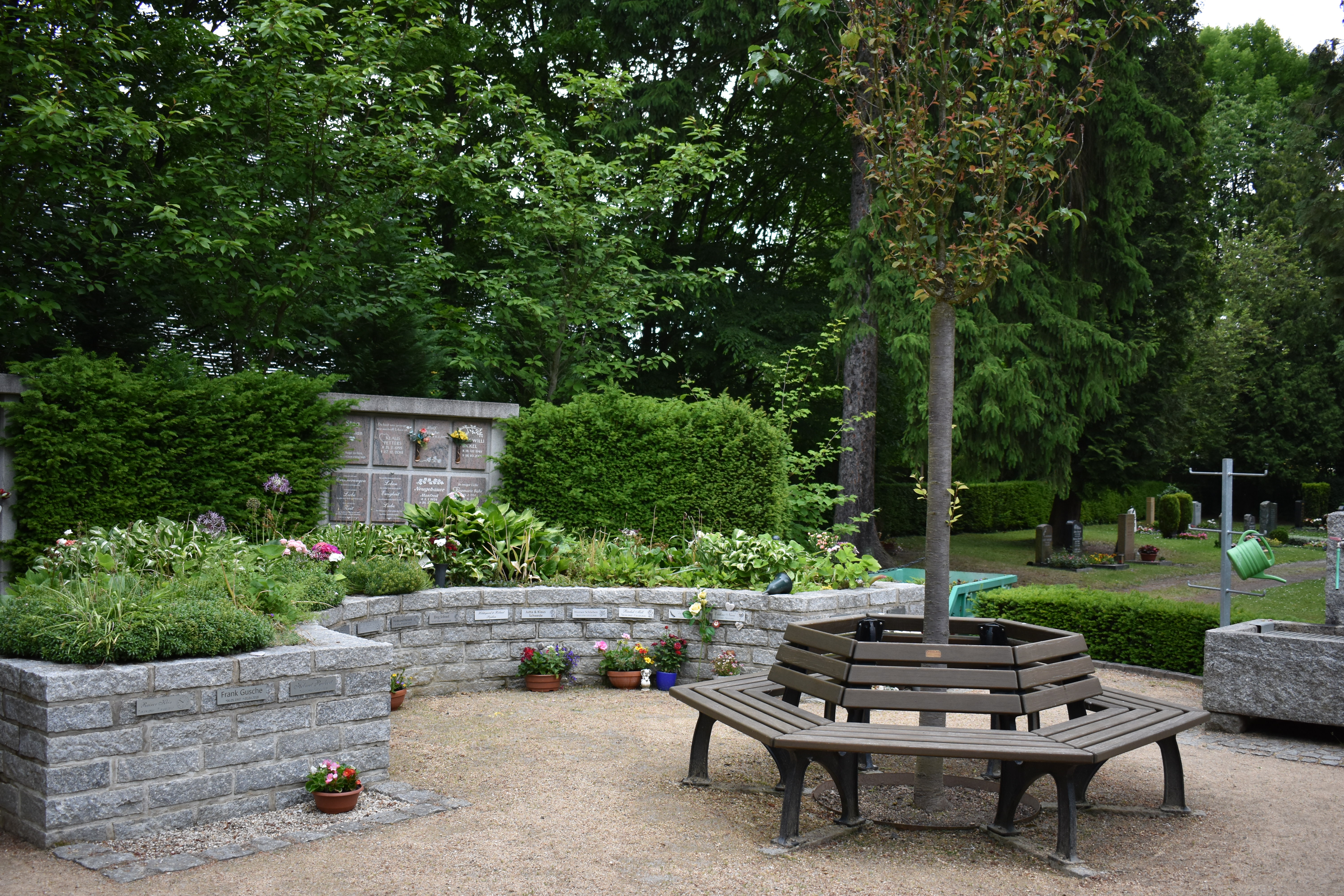 Grabanlage des Urnenhain Zittau mit Hochbeet, Bank und Kolumbarium 